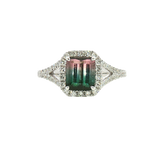 Bold & Elegant 14K Gold White Halo Color Stone Fashion Rings - Emerald Cut Watermelon Tourmaline 1.44 Carats & Diamond 0.43 Carats