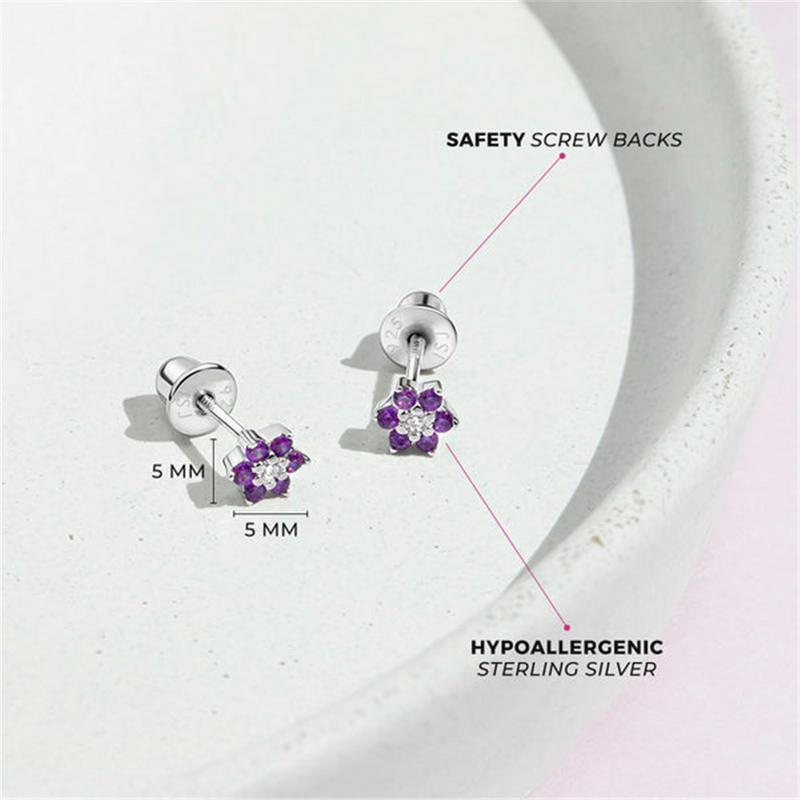 Sterling Silver February Birthstone Purple CZ & April Birthstone White CZ Cluster Flower Earrings For Children