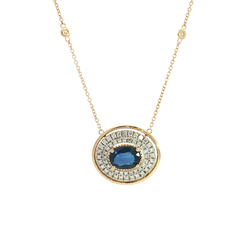 Vibrant Colored Stone Necklaces 14K Gold Yellow & White 1.26 Carats Sapphire & 0.44 Carats Diamond Necklace, 18 Inch