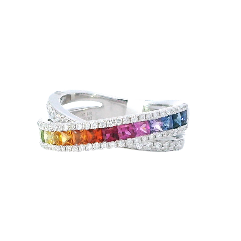 Elegant & Trendy 18K White Gold 1.07 Carats Princess Cut Rainbow Sapphire & 0.37 Carat Round Diamond Band
