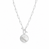 DOORBUSTER: Rhodium Plated Sterling Silver Oval Link Mother of Pearl Necklace - 18 Inch