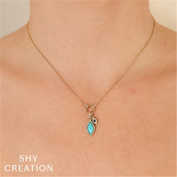 Yellow 14 Karat Gold 0.81 CaratsTurquoise & Sapphire & 0.015 Carats Diamond Drop Necklace