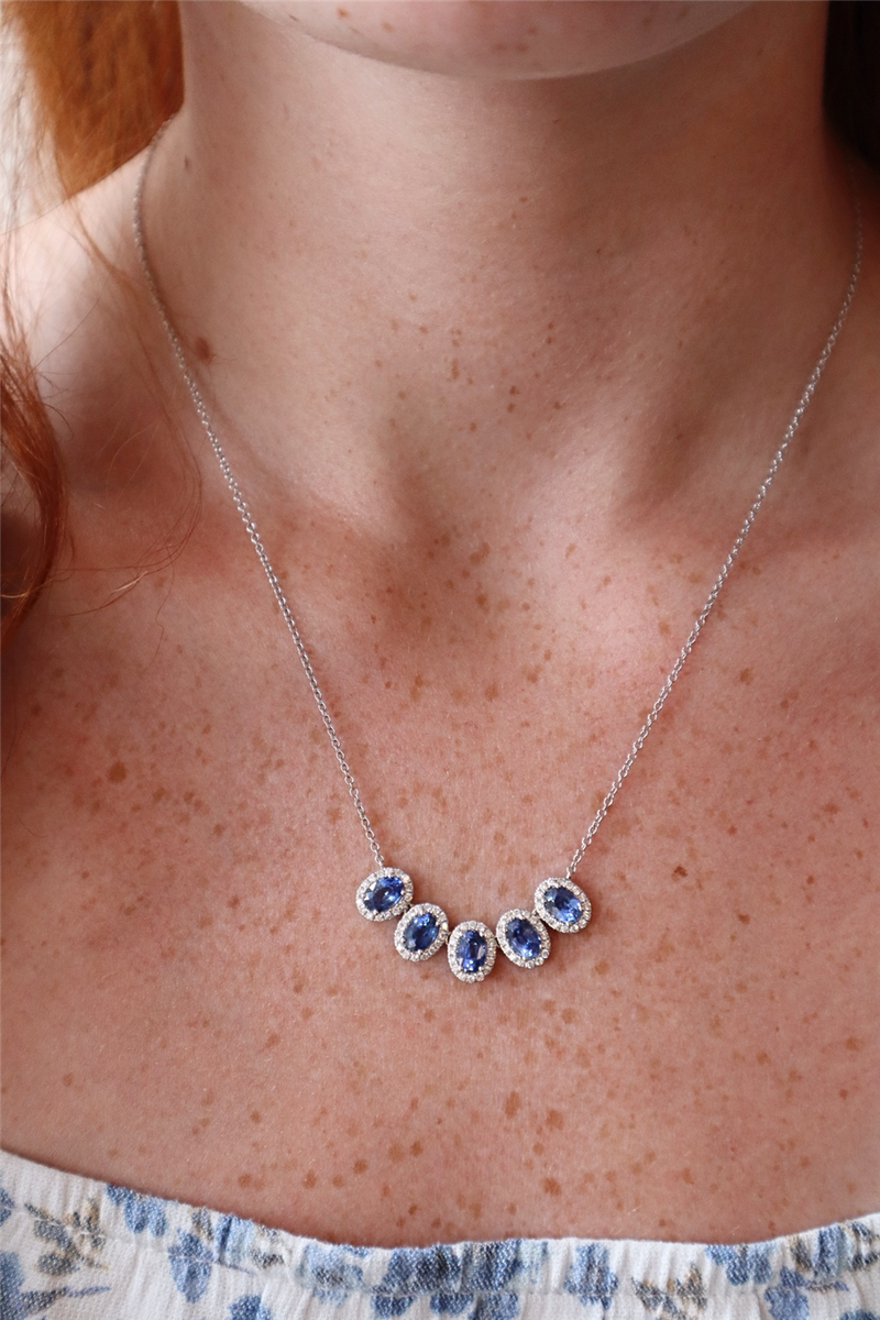 Vibrant Colored Stone Necklaces 18K Gold White 3.67 Carats Sapphires & 0.59 Carats Diamonds Halo Necklace, 18 Inch