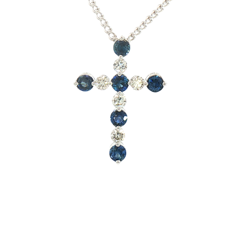 Vibrant 14K White Gold 0.508 Carats Blue Sapphire & 0.208 Carats Diamond Cross Pendant