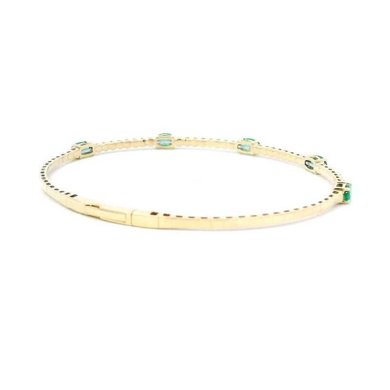 Elegant & Eye Catching 14K Gold Yellow & Titanium 1.03 Carats Oval Emerald & 0.32 Carats Round Diamond Flexible Bangle Bracelet, Length 6.75 Inch
