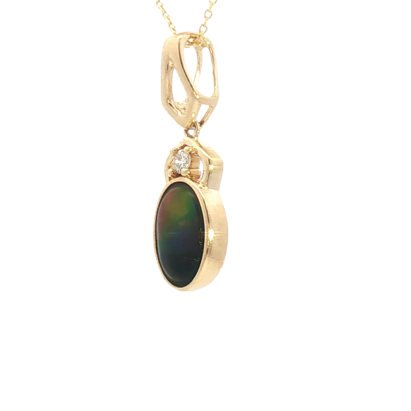 Vibrant 14K Yellow Gold Oval Cut 1.29 Carats Ammolite & 0.03 Carats Diamond Drop Necklace, 18 inch