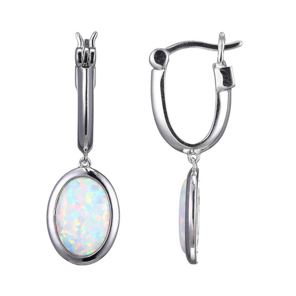 Rhodium Plated Sterling Silver Oval Cut Lab Grown Opal Dangle Earrings