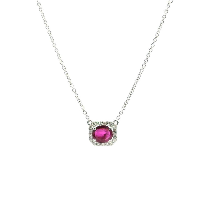 Elegant & Stylish Colored Stone Necklaces 14K White Gold 0.65C Oval Ruby & 0.16C Diamond Halo & Diamond Accented Necklace, 18 Inch