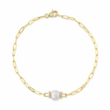 Elegant Pearl Bracelet -14K Yellow Gold Paperclip Link Cultured Pearl & 0.07 Diamond Bracelet - 7 Inch