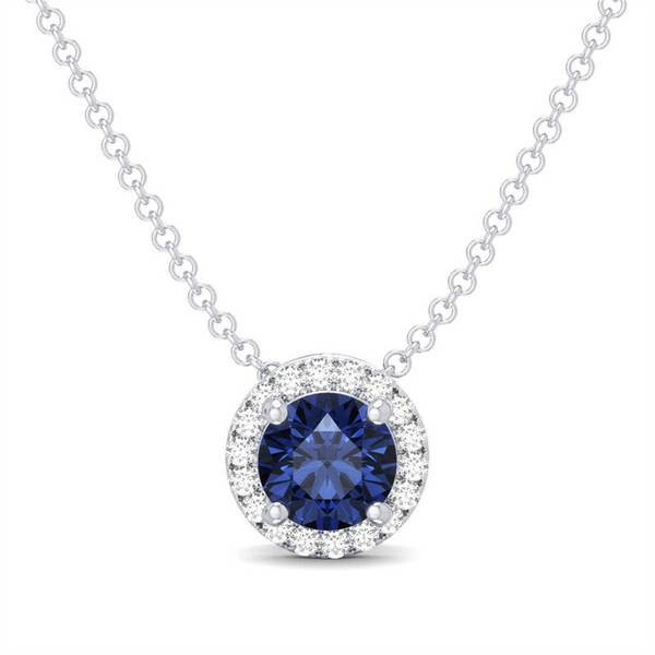 White 10 Karat Gold 0.39 Carats  Blue Sapphire & 0.05 Carats Diamond Halo Necklace