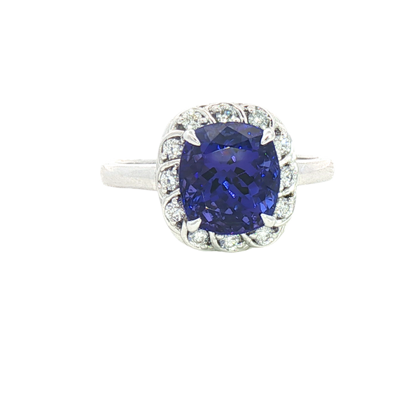 Bold & Elegant 18K White Gold Cushion Cut 3.26 CaratsTanzanite & 0.22 Carats Diamond Halo Ring