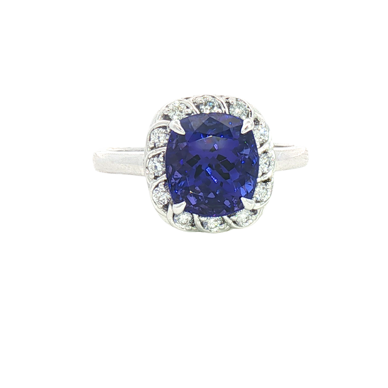 Bold & Elegant 18K White Gold Cushion Cut 3.26 CaratsTanzanite & 0.22 Carats Diamond Halo Ring