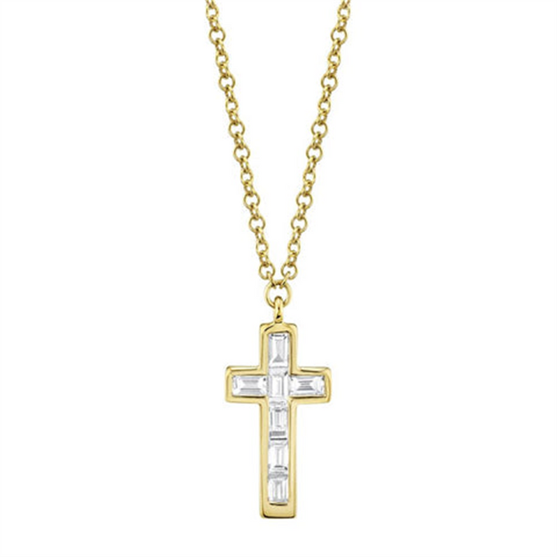 14K Gold Yellow 0.17 Carats Diamond Cross Pendant Necklace - 18 Inch