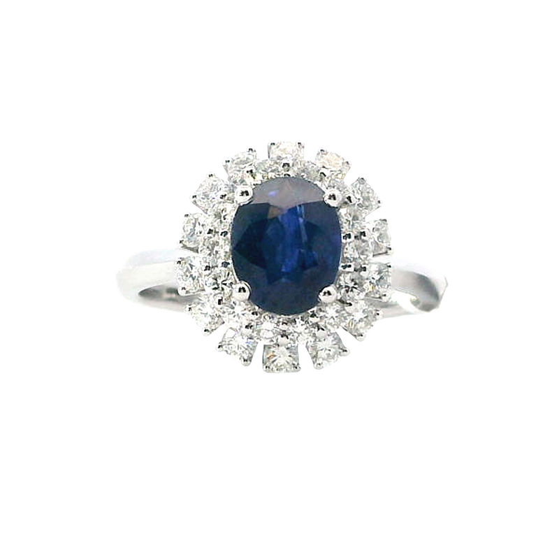 Bold & Elegant 18K White Gold Oval Cut 1.49 Carat Blue Sapphire & Round 0.73 Carat Diamond Double Halo Ring