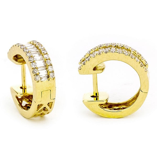 Yellow 18 Karat Gold 0.6 Carats Baguette & Round Diamond Huggie Earrings