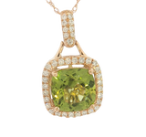 Vibrant 14K Rosé Gold Cushion Cut 2.10 Carats Peridot & 0.24 Carats Diamond Halo Necklace - 18 inch