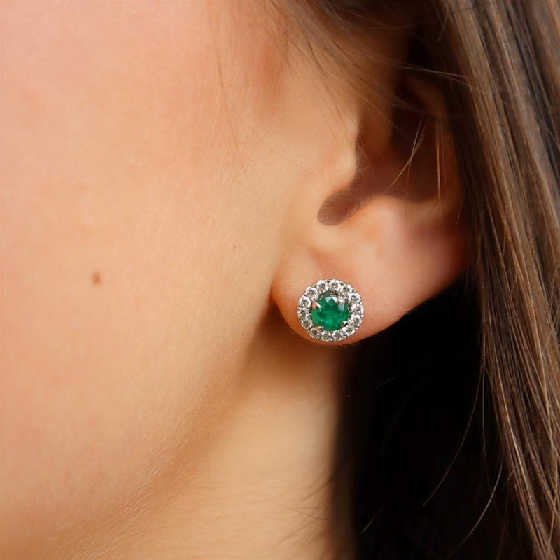 Vibrant Color Stone 18K White Gold 0.96 Carats Emerald & 0.51 Carat Diamond Halo Stud Earrings