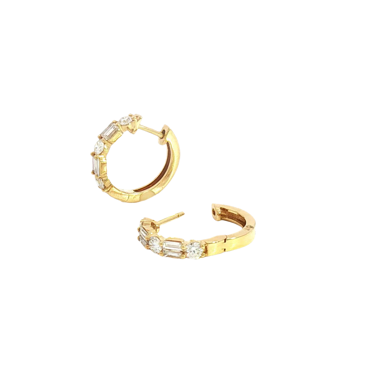 Classic & Contemporary 18K Yellow Gold 1.02 Carats Baguette & Round Diamond Small Hoop Earrings
