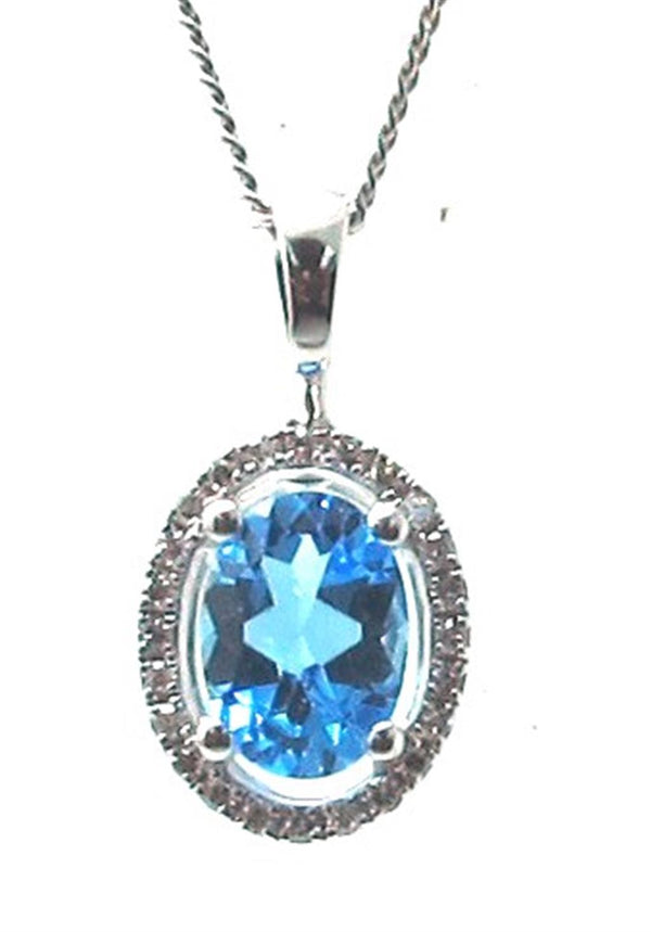 White 14 Karat Gold 1.00 Carats Blue Topaz & 0.08 Carats Diamonds Halo Necklace