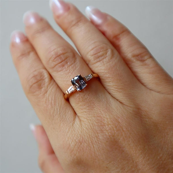 Bold & Elegant 14K Rosé Gold Cushion Cut 1.34 Carats Spinel & Trapezoid Cut 0.27 Carats Diamond Three Stone Ring