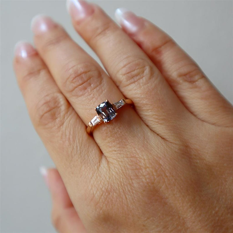 Bold & Elegant 14K Rosé Gold Cushion Cut 1.34 Carats Spinel & Trapezoid Cut 0.27 Carats Diamond Three Stone Ring
