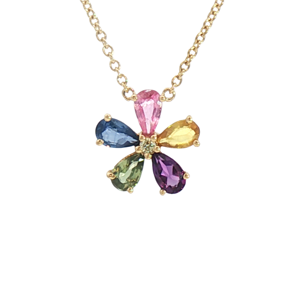 Vibrant Colored Stone Necklaces 14K Yellow Gold 1.13 Carats Sapphires & 0.02 Carats Diamond Floral Necklace, 18 Inch