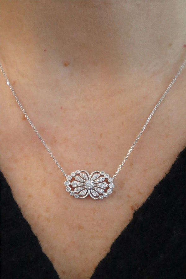 Elegant Diamond Necklaces 18K White Gold 0.41 Carats Diamond Vintage Inspired Pendnat Necklace - 18 Inch