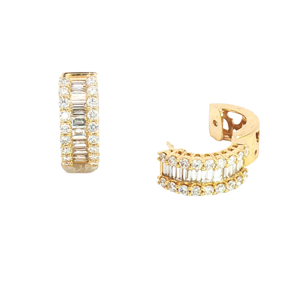 Classic & Contemporary 18K White Gold 1.58  Carats Baguette & Round Diamond Huggie Earrings