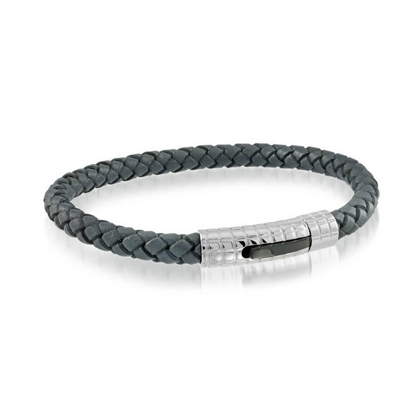 Bold & Stylish Alternative Metal Bracelets Grey Braided Leather With Stainless Steel Clasp Bracelet, 8.25 Inch