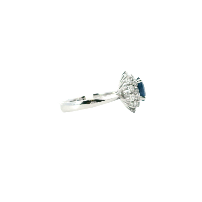 Bold & Elegant 18K White Gold Oval Cut 1.49 Carat Blue Sapphire & Round 0.73 Carat Diamond Double Halo Ring