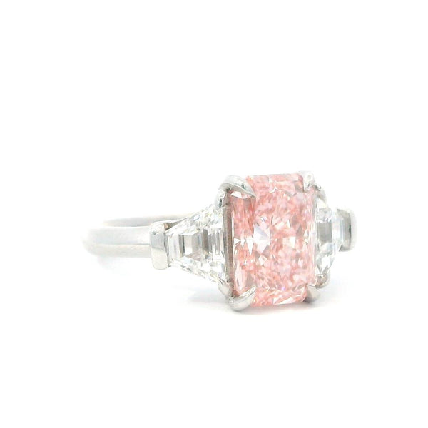 Lab Grown Diamond Engagement Rings 14K Gold White Three Stone Radiant & Trapezoid Fancy Vivid Pink Diamond Engagement ring - 3.7 CTW Diamond