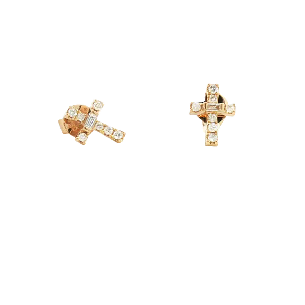 Classic & Contemporary 18K Yellow Gold 0.17 Carats Baguette & Round Diamond Stud Cross Earrings