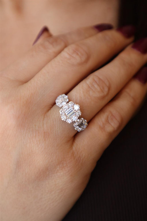 Elegant & Trendy 18K Gold White 1.49 Carats Baguette & Round Diamond Halo Fashion Ring