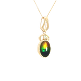 Vibrant 14K Yellow Gold Oval Cut 1.29 Carats Ammolite & 0.03 Carats Diamond Drop Necklace, 18 inch