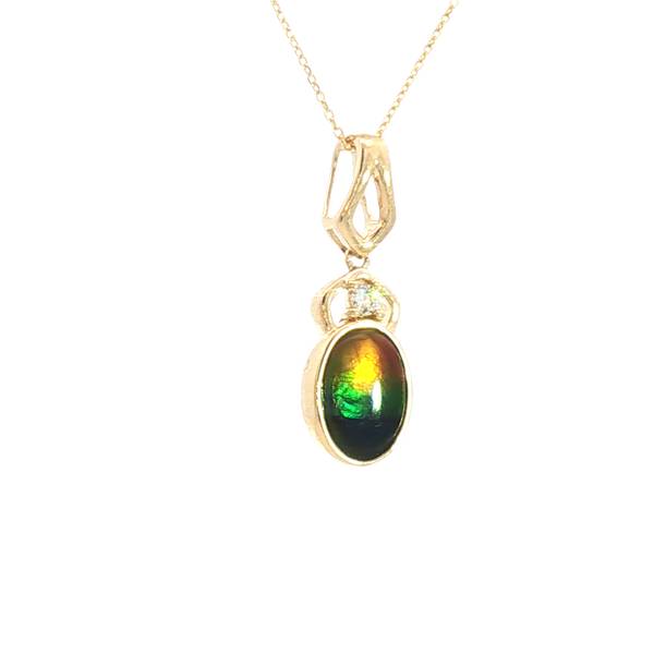 Vibrant 14K Yellow Gold Oval Cut 1.29 Carats Ammolite & 0.03 Carats Diamond Drop Necklace, 18 inch