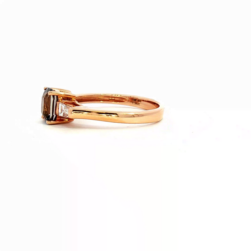 Bold & Elegant 14K Rosé Gold Cushion Cut 1.34 Carats Spinel & Trapezoid Cut 0.27 Carats Diamond Three Stone Ring