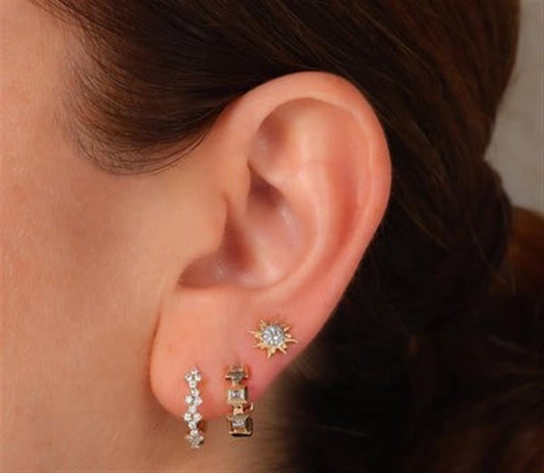 Elegant Precious Metal Earrings 14K Yellow Gold Baguette Cut 0.22 Carats Diamond Geometric Huggie Earrings