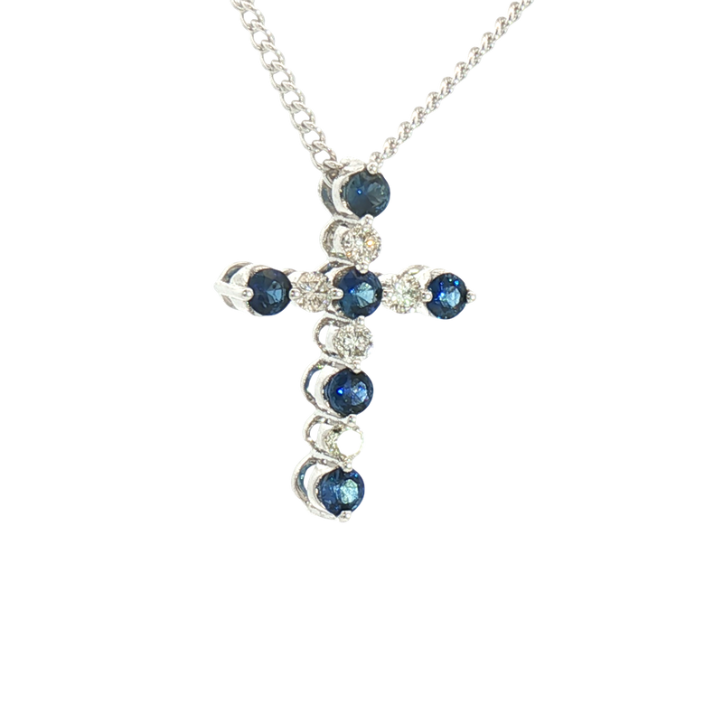 Vibrant 14K White Gold 0.508 Carats Blue Sapphire & 0.208 Carats Diamond Cross Pendant