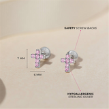 Sterling Silver The Perfect Cross 7.0 MM Pink CZ Earrings With Screw Backs