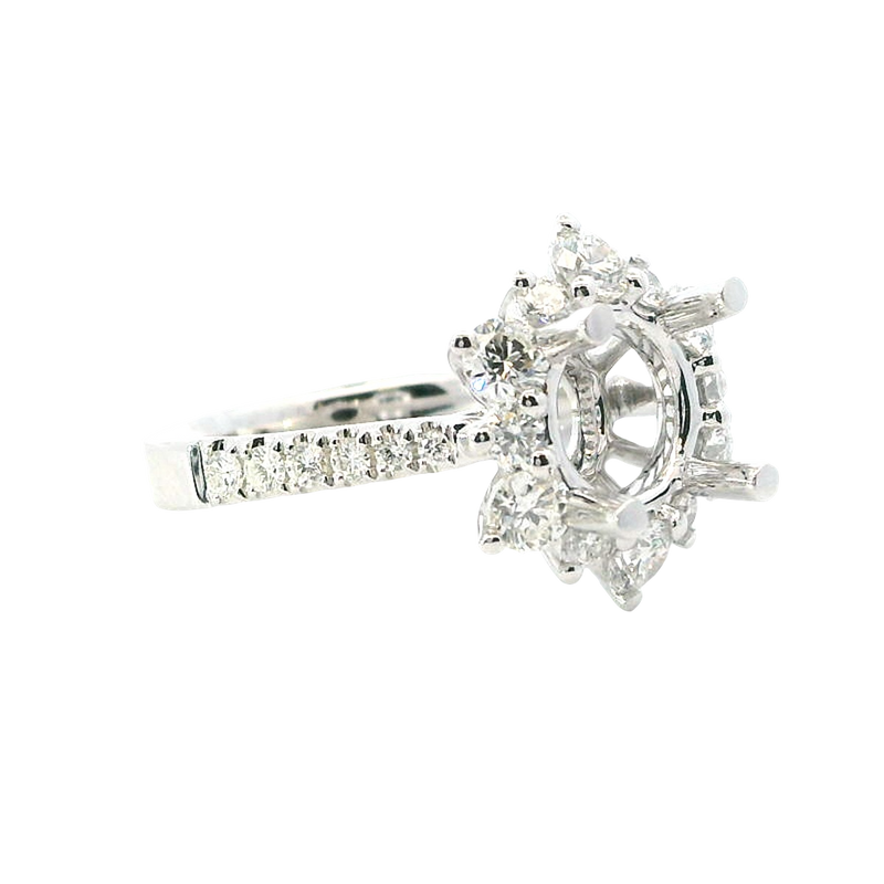 Elegant Diamond Mountings 18K White Gold  2.0 Carats Round Diamond Halo Semi Mount Ring - 1.14 Carats