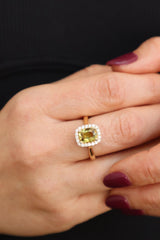 Bold & Elegant 14K Yellow Gold Rectangular Cushion Cut 1.50 Carats Yellow Sapphire & 0.22 Carats Diamond Halo Ring