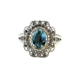 Bold & Elegant White & Yellow 14K Gold Vintage Inspired Oval Cut 1.58 Carats Aquamarine And 0.31 Carats Diamond Halo Ring