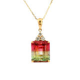 Vibrant Colored Stone Necklaces 18K Yellow Gold Emerald Cut 5.62 Carats WatermelonTourmaline & 0.18 Carats Diamond Necklace, 18 Inch