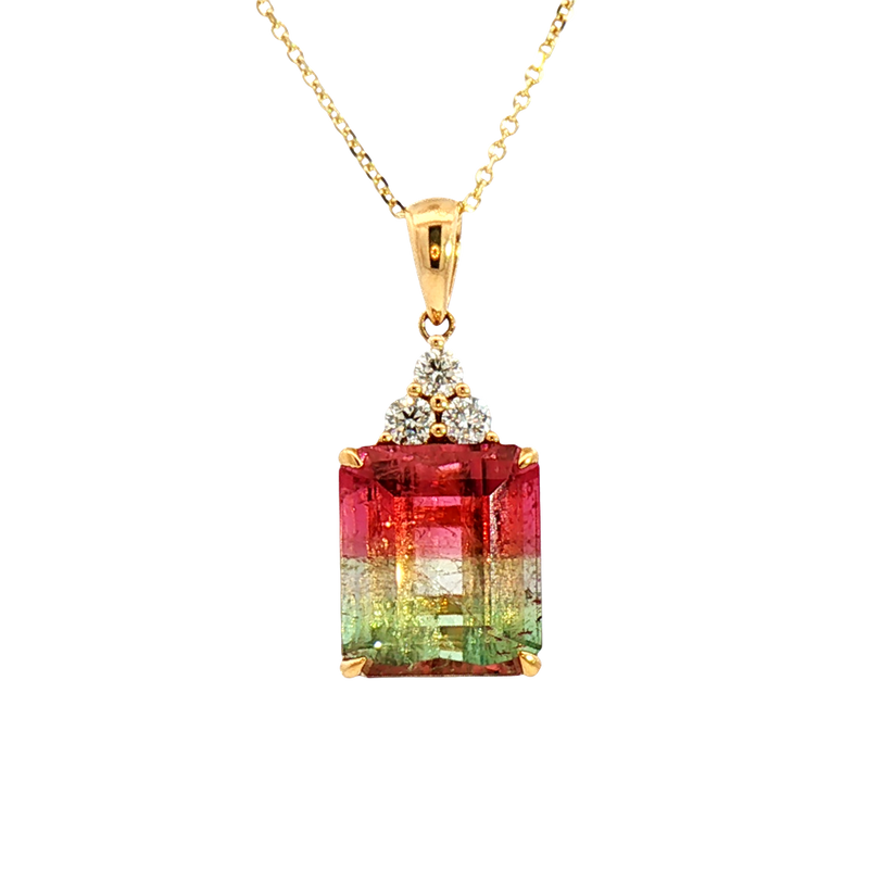 Vibrant Colored Stone Necklaces 18K Yellow Gold Emerald Cut 5.62 Carats WatermelonTourmaline & 0.18 Carats Diamond Necklace, 18 Inch