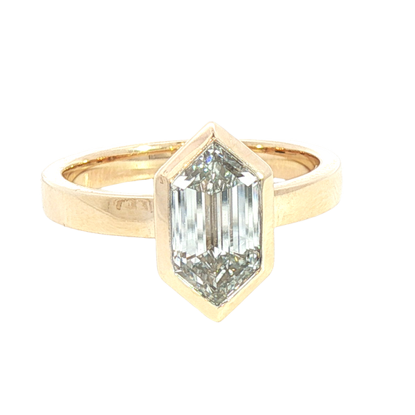 14K Yellow Gold Step Cut Modified Elongated Hexagon Cut 2.12 Carats Lab Grown Diamond Solitaire Ring
