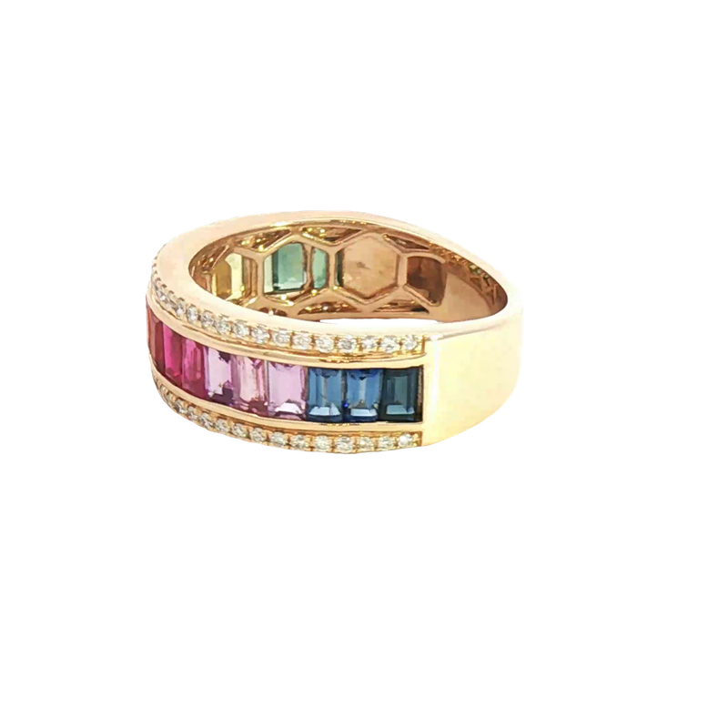 Bold & Elegant 14K Yellow Gold Baguette 2.17 Carats Rainbow Sapphires & 0.26 Carats Diamond Band