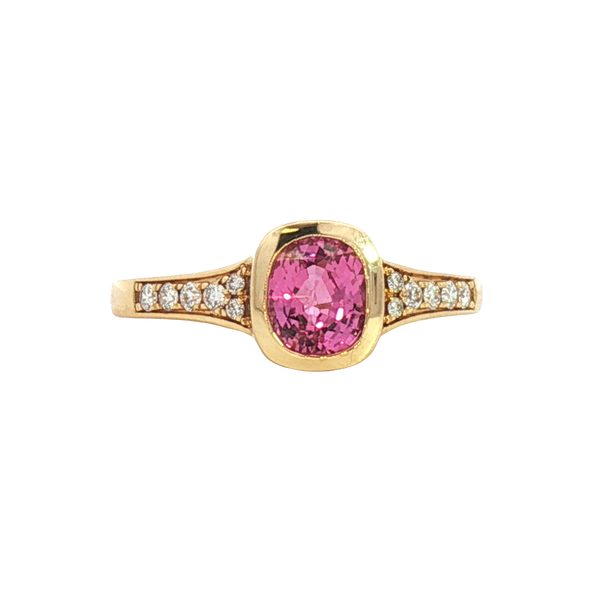 Bold & Elegant 18K Yellow Gold Cushion Cut 1.07 Carats Pink Sapphire & 0.14 Carats Diamond Ring