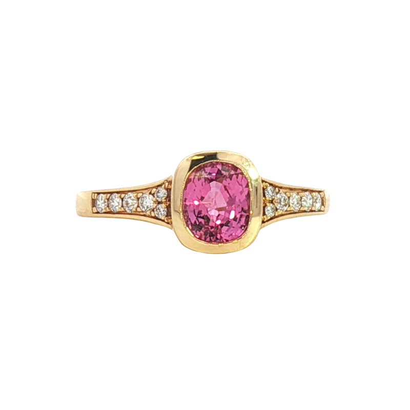 Bold & Elegant 18K Yellow Gold Cushion Cut 1.07 Carats Pink Sapphire & 0.14 Carats Diamond Ring