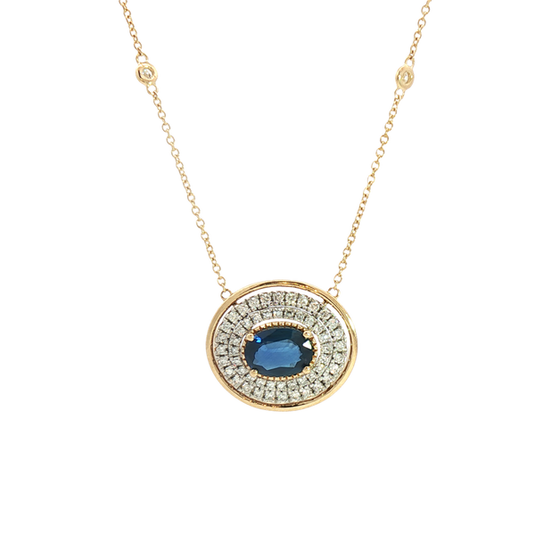 Vibrant Colored Stone Necklaces 14K Gold Yellow & White 1.26 Carats Sapphire & 0.44 Carats Diamond Necklace, 18 Inch
