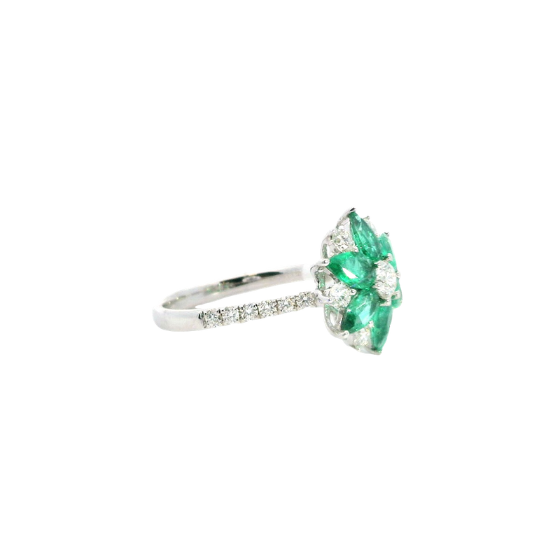 Bold & Elegant 18K Gold White Accented Color Stone Floral Inspired Fashion Ring -  Emeralds 1.02 Carats & Diamonds 0.59 Carats